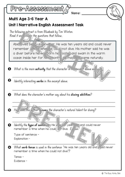 Multi Age 3-6 Year A English Pre- and Post-Assessment Unit 1 Narrative -