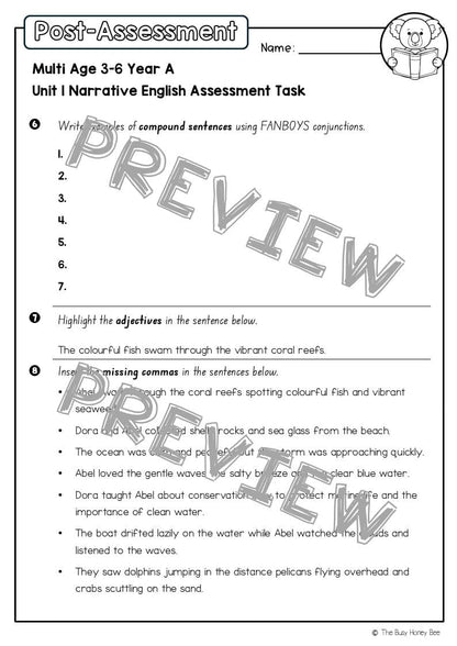 Multi Age 3-6 Year A English Pre- and Post-Assessment Unit 1 Narrative -