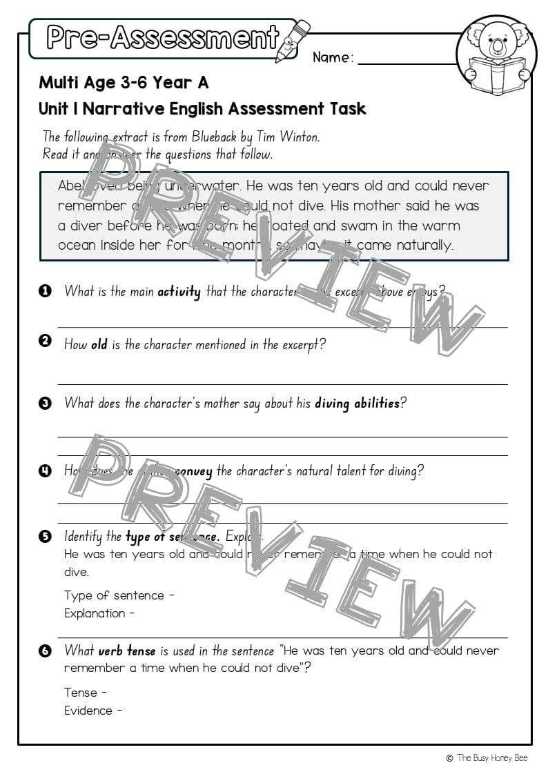 Multi Age 3-6 Year A English Pre- and Post-Assessment Unit 1 Narrative -