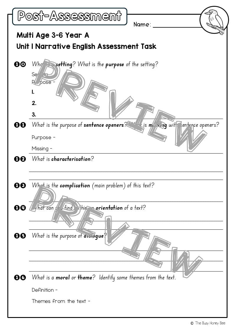 Multi Age 3-6 Year A English Pre- and Post-Assessment Unit 1 Narrative -