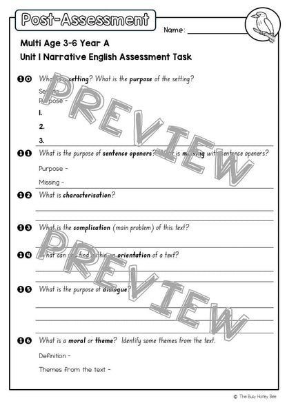 Multi Age 3-6 Year A English Pre- and Post-Assessment Unit 1 Narrative -
