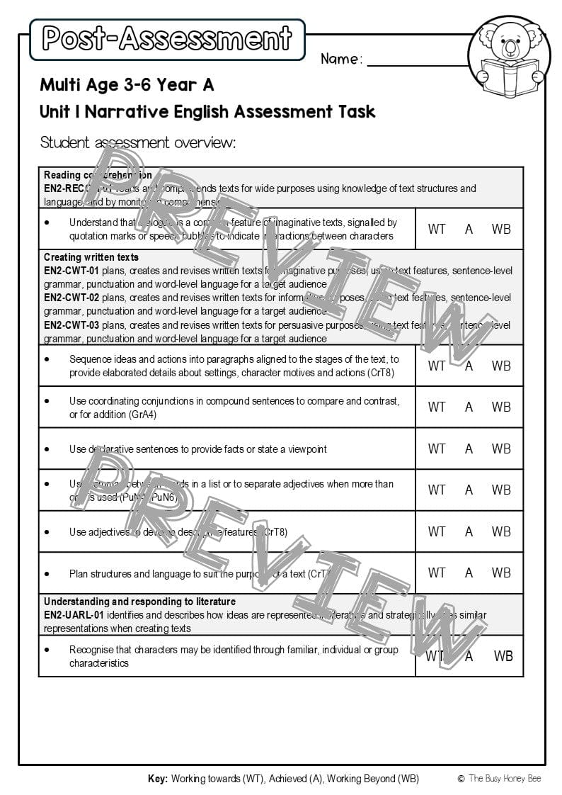 Multi Age 3-6 Year A English Pre- and Post-Assessment Unit 1 Narrative -