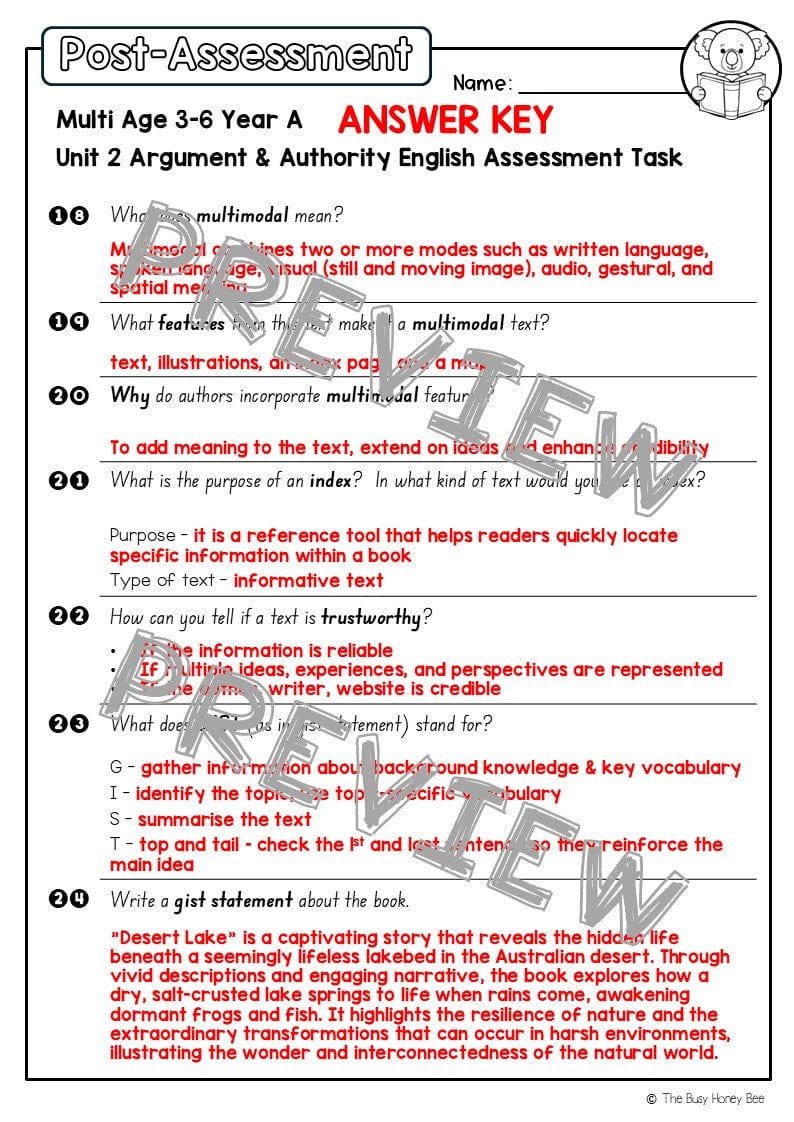 Multi Age 3-6 Year A English Pre- and Post-Assessment Unit 2 Argument and authority -