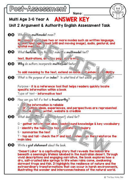 Multi Age 3-6 Year A English Pre- and Post-Assessment Unit 2 Argument and authority -