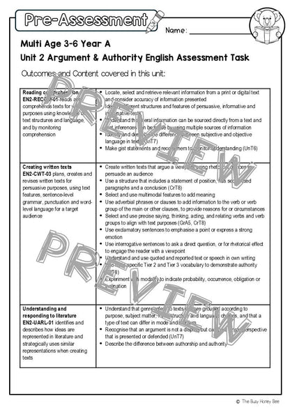 Multi Age 3-6 Year A English Pre- and Post-Assessment Unit 2 Argument and authority -