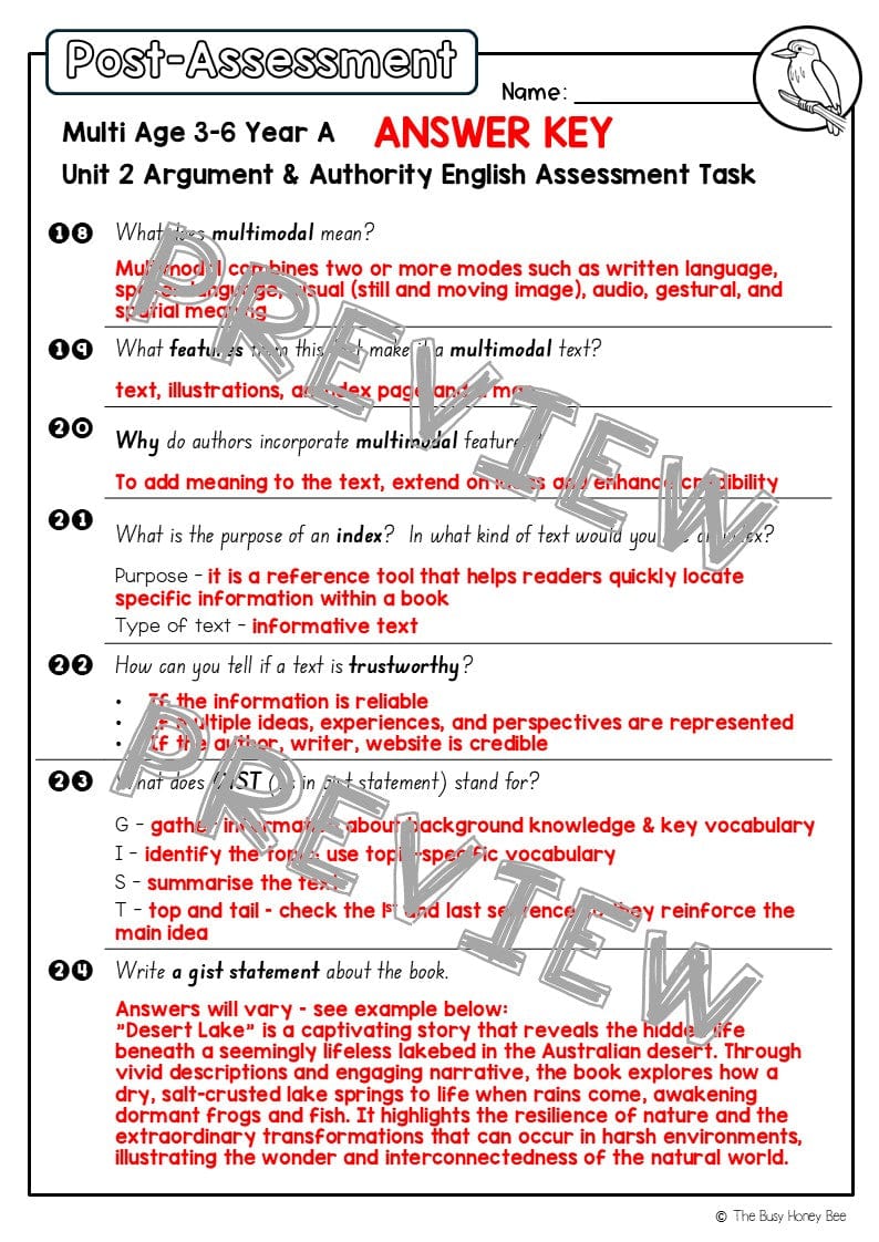 Multi Age 3-6 Year A English Pre- and Post-Assessment Unit 2 Argument and authority -