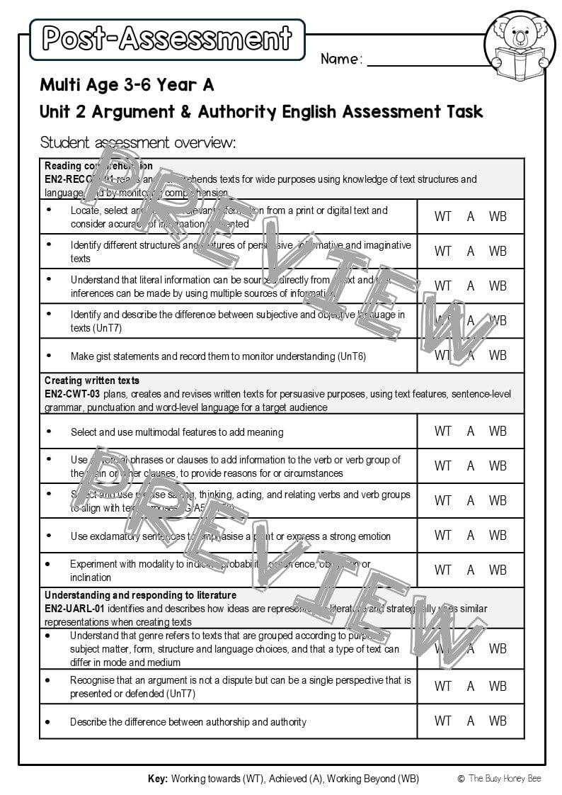 Multi Age 3-6 Year A English Pre- and Post-Assessment Unit 2 Argument and authority -