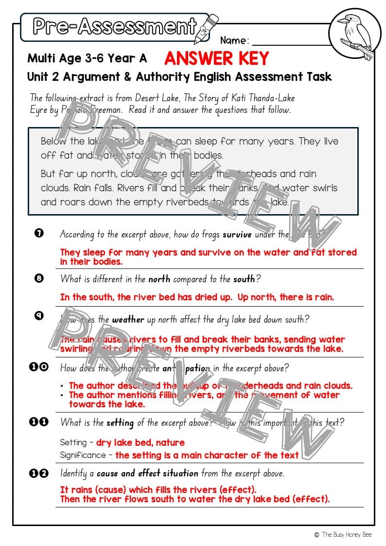 Multi Age 3-6 Year A English Pre- and Post-Assessment Unit 2 Argument and authority -