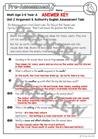Multi Age 3-6 Year A English Pre- and Post-Assessment Unit 2 Argument and authority -