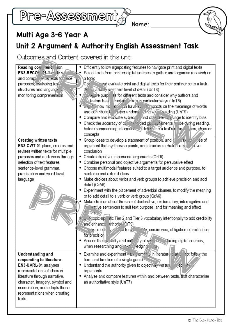 Multi Age 3-6 Year A English Pre- and Post-Assessment Unit 2 Argument and authority -