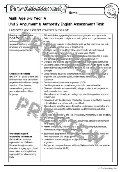 Multi Age 3-6 Year A English Pre- and Post-Assessment Unit 2 Argument and authority -