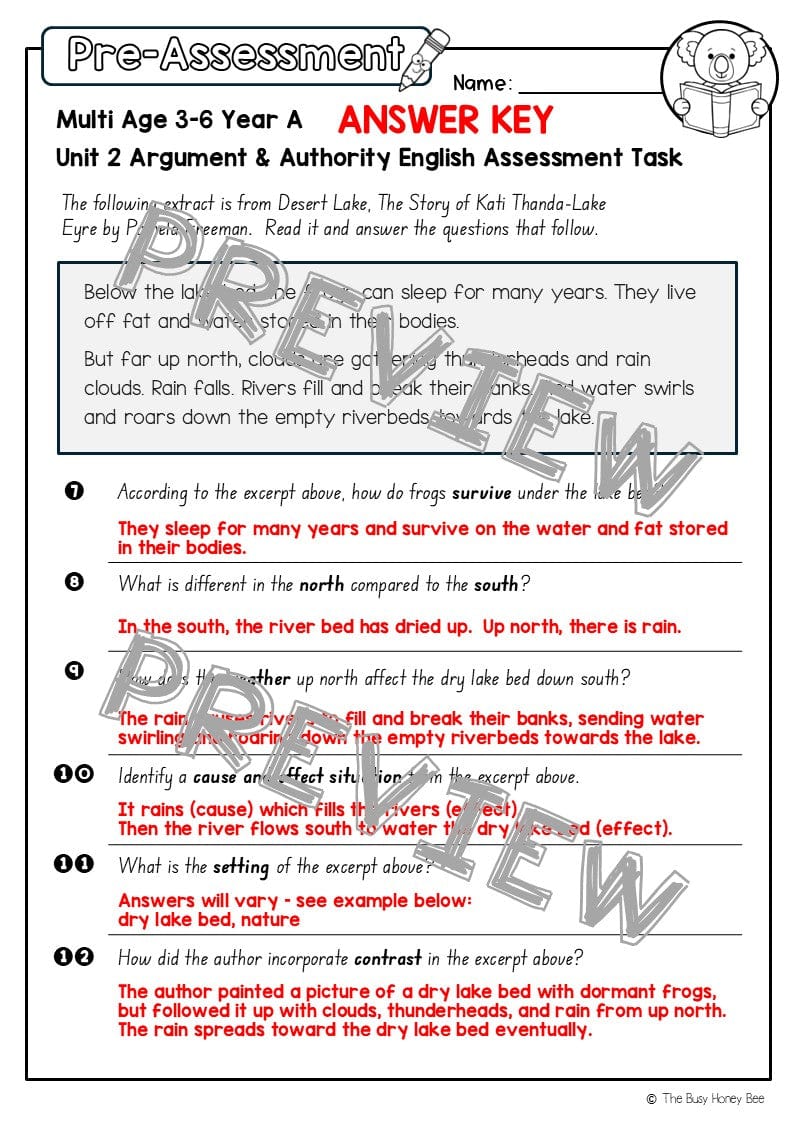 Multi Age 3-6 Year A English Pre- and Post-Assessment Unit 2 Argument and authority -