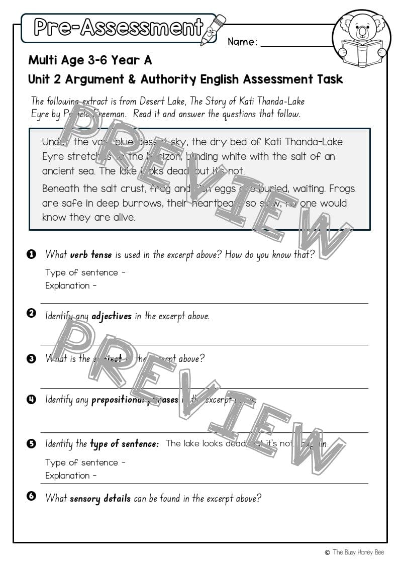 Multi Age 3-6 Year A English Pre- and Post-Assessment Unit 2 Argument and authority -