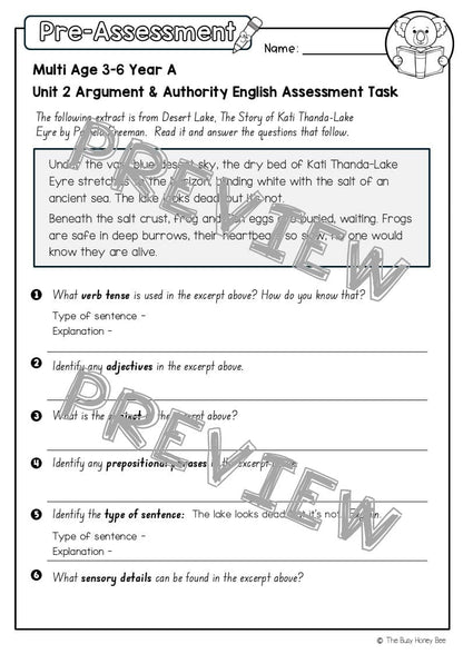 Multi Age 3-6 Year A English Pre- and Post-Assessment Unit 2 Argument and authority -