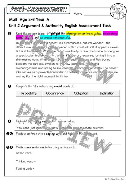 Multi Age 3-6 Year A English Pre- and Post-Assessment Unit 2 Argument and authority -