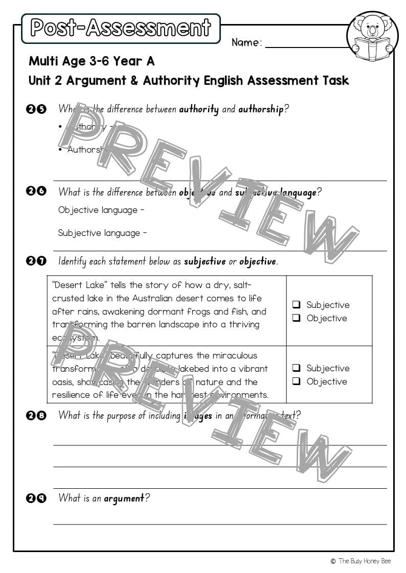 Multi Age 3-6 Year A English Pre- and Post-Assessment Unit 2 Argument and authority -