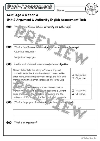 Multi Age 3-6 Year A English Pre- and Post-Assessment Unit 2 Argument and authority -