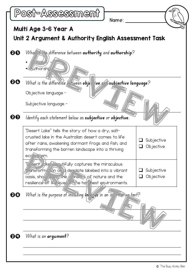 Multi Age 3-6 Year A English Pre- and Post-Assessment Unit 2 Argument and authority -