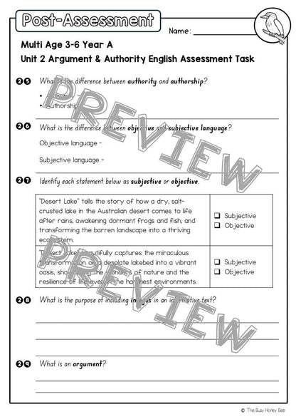 Multi Age 3-6 Year A English Pre- and Post-Assessment Unit 2 Argument and authority -