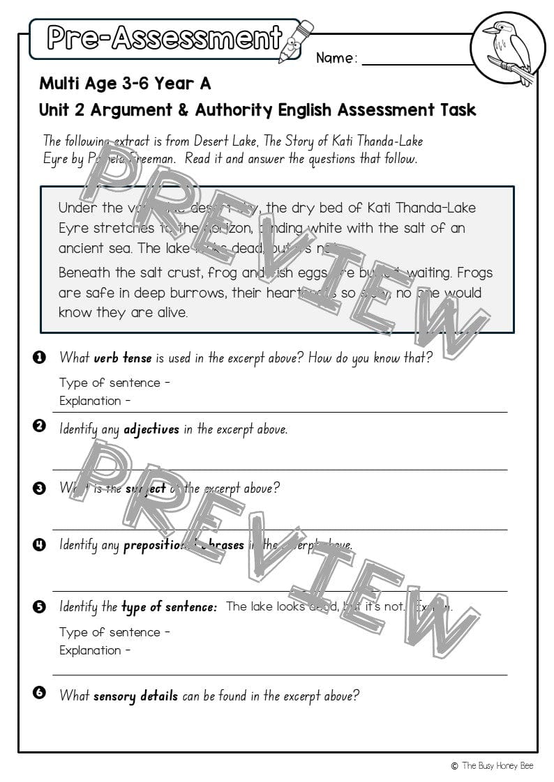 Multi Age 3-6 Year A English Pre- and Post-Assessment Unit 2 Argument and authority -