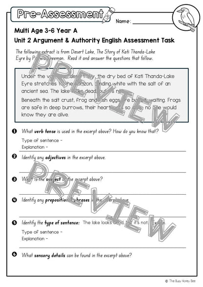 Multi Age 3-6 Year A English Pre- and Post-Assessment Unit 2 Argument and authority -