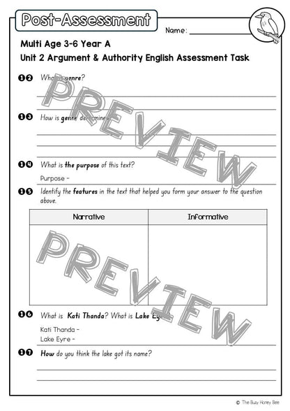 Multi Age 3-6 Year A English Pre- and Post-Assessment Unit 2 Argument and authority -