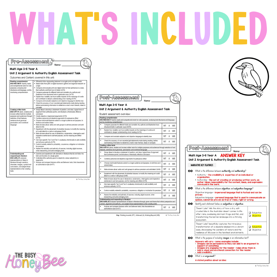 Multi Age 3-6 Year A English Pre- and Post-Assessment Unit 2 Argument and authority -