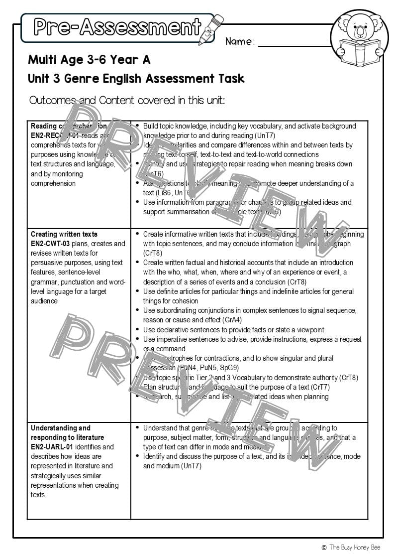 Multi Age 3-6 Year A English Pre- and Post-Assessment Unit 3 Genre -