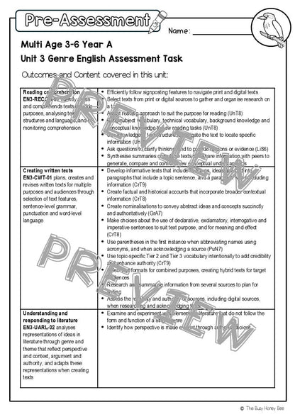 Multi Age 3-6 Year A English Pre- and Post-Assessment Unit 3 Genre -