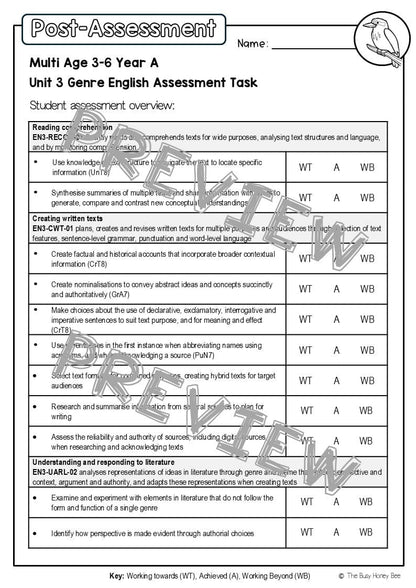 Multi Age 3-6 Year A English Pre- and Post-Assessment Unit 3 Genre -