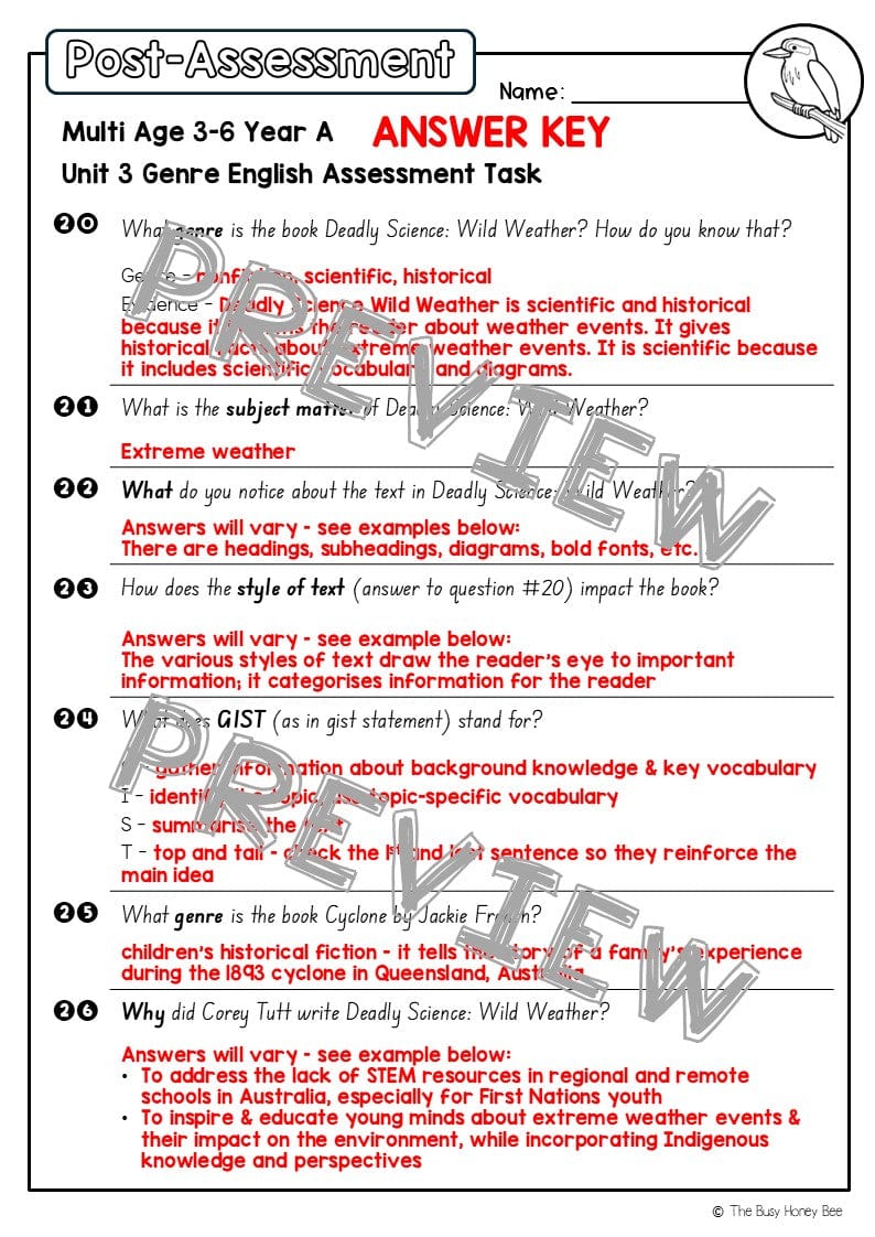 Multi Age 3-6 Year A English Pre- and Post-Assessment Unit 3 Genre -
