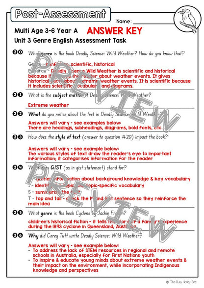 Multi Age 3-6 Year A English Pre- and Post-Assessment Unit 3 Genre -