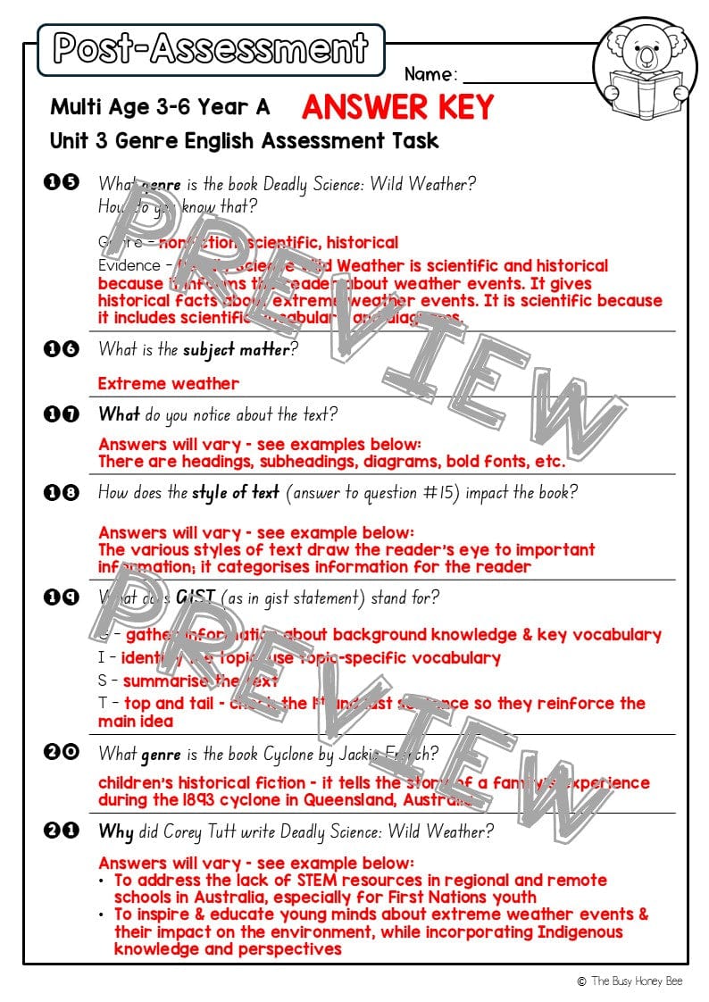 Multi Age 3-6 Year A English Pre- and Post-Assessment Unit 3 Genre -