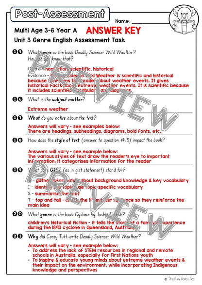 Multi Age 3-6 Year A English Pre- and Post-Assessment Unit 3 Genre -