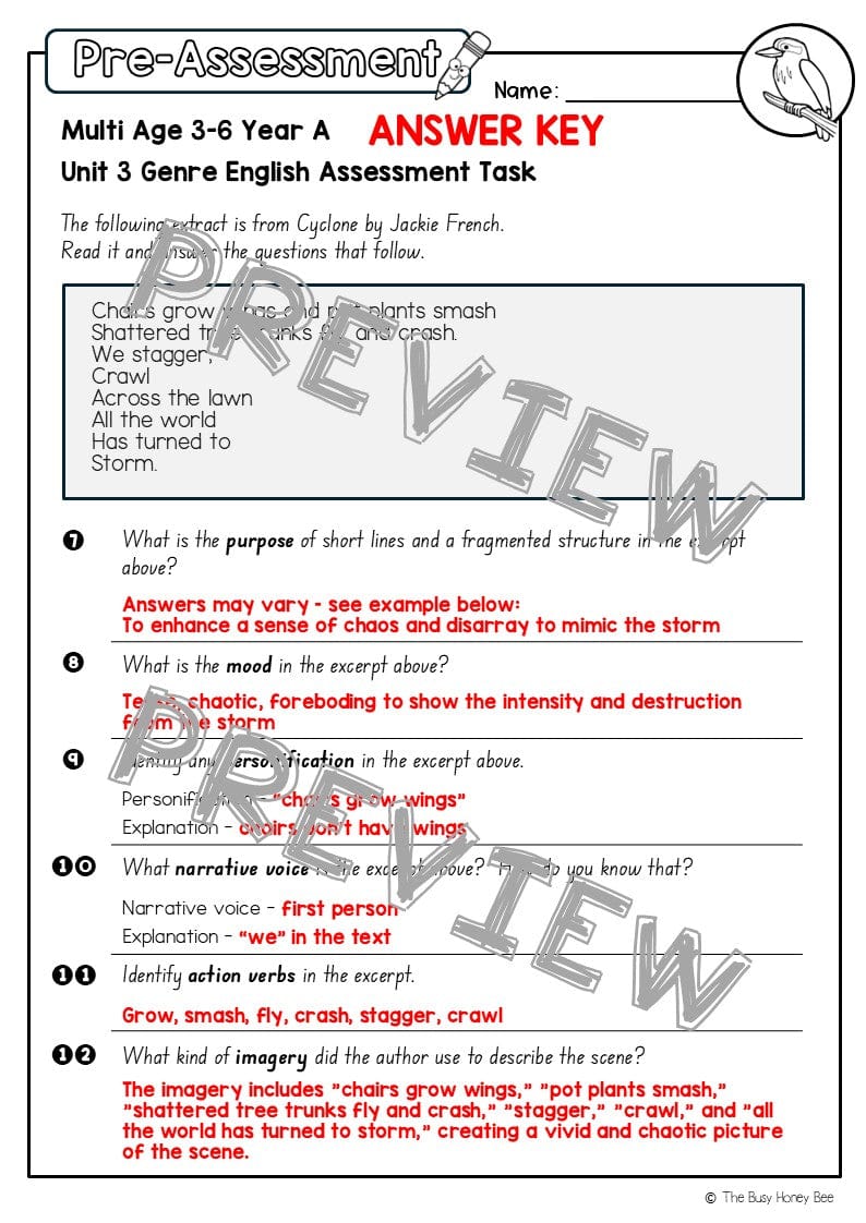 Multi Age 3-6 Year A English Pre- and Post-Assessment Unit 3 Genre -