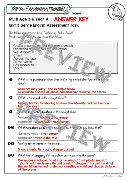 Multi Age 3-6 Year A English Pre- and Post-Assessment Unit 3 Genre -