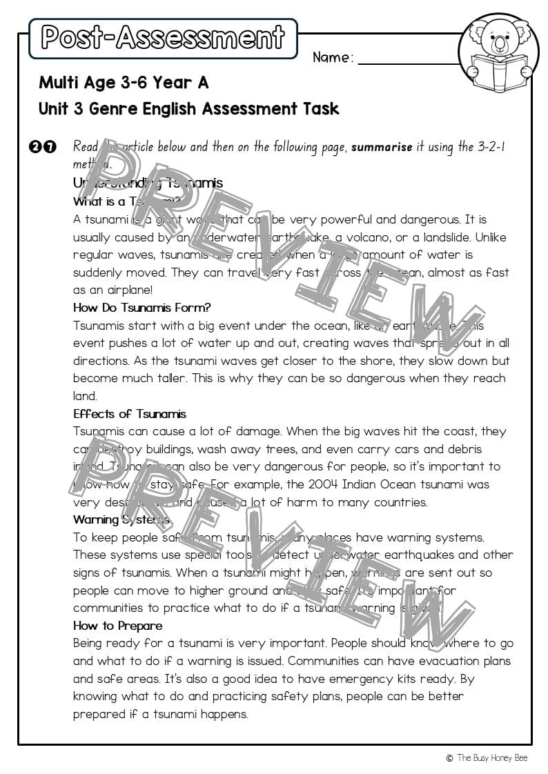 Multi Age 3-6 Year A English Pre- and Post-Assessment Unit 3 Genre -