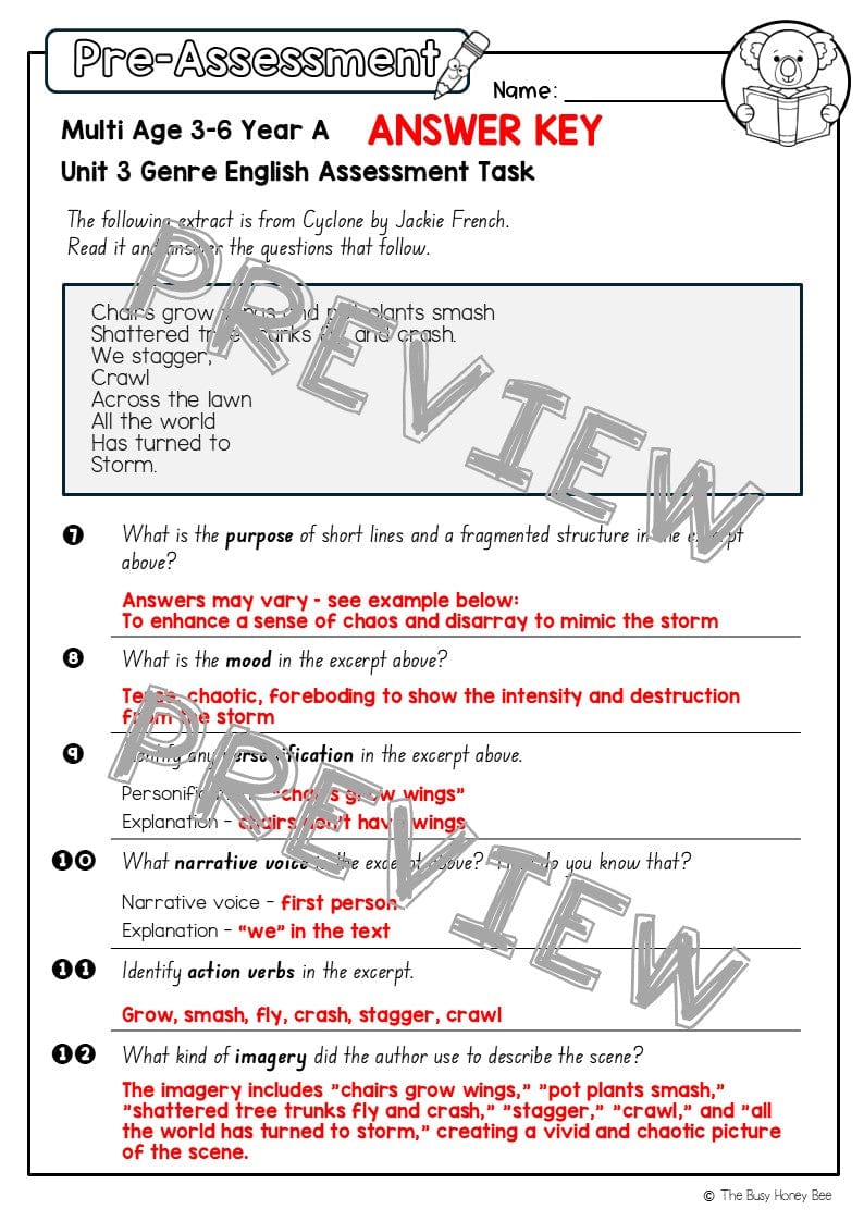 Multi Age 3-6 Year A English Pre- and Post-Assessment Unit 3 Genre -