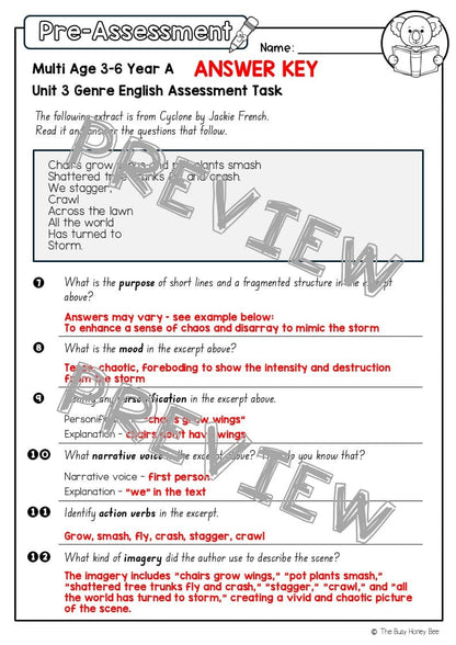 Multi Age 3-6 Year A English Pre- and Post-Assessment Unit 3 Genre -