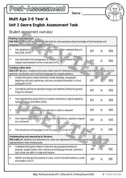Multi Age 3-6 Year A English Pre- and Post-Assessment Unit 3 Genre -