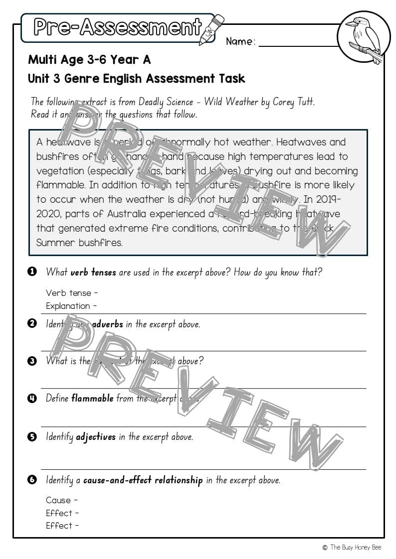 Multi Age 3-6 Year A English Pre- and Post-Assessment Unit 3 Genre -
