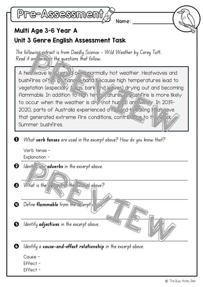 Multi Age 3-6 Year A English Pre- and Post-Assessment Unit 3 Genre -