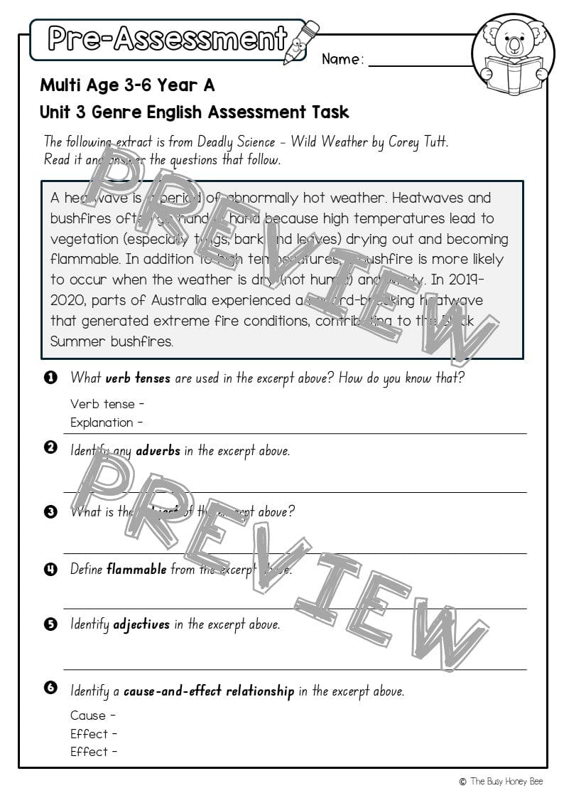 Multi Age 3-6 Year A English Pre- and Post-Assessment Unit 3 Genre -