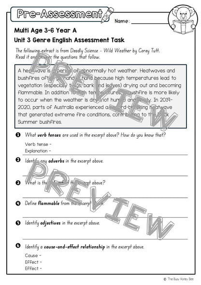 Multi Age 3-6 Year A English Pre- and Post-Assessment Unit 3 Genre -