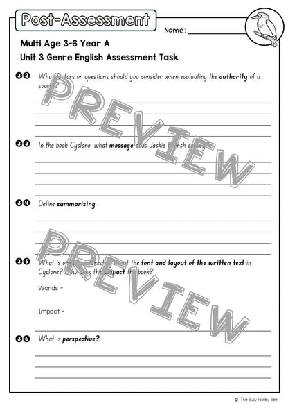 Multi Age 3-6 Year A English Pre- and Post-Assessment Unit 3 Genre -