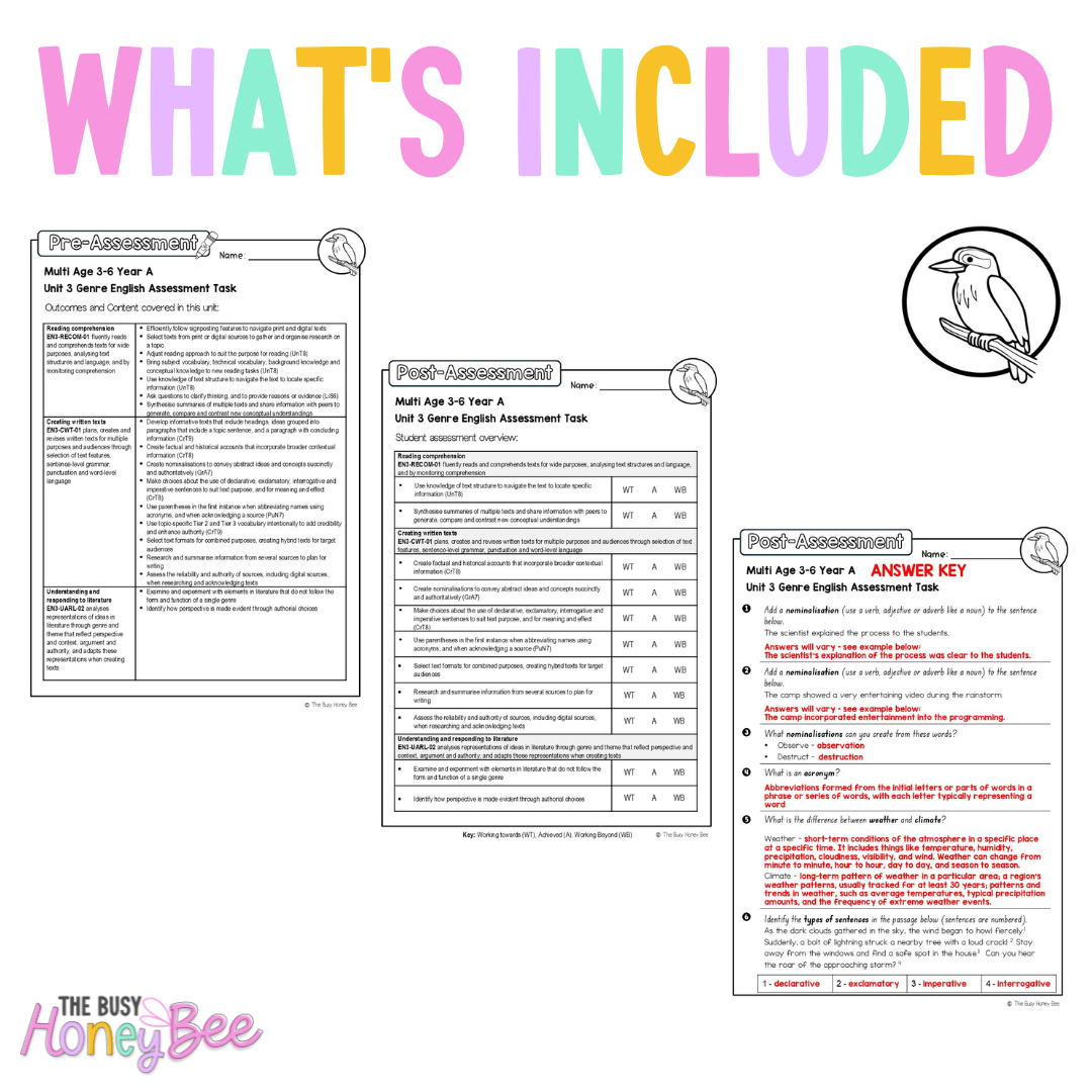 Multi Age 3-6 Year A English Pre- and Post-Assessment Unit 3 Genre -