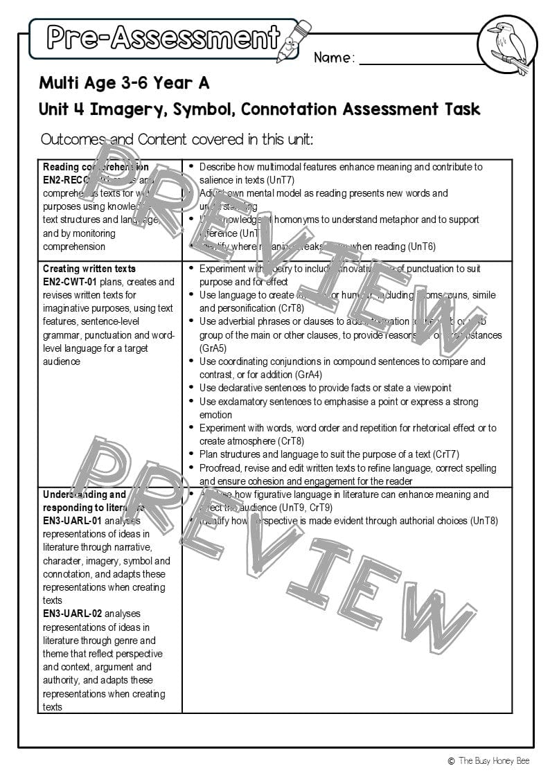 Multi Age 3-6 Year A English Pre- and Post-Assessment Unit 4 Imagery, symbol and connotation -