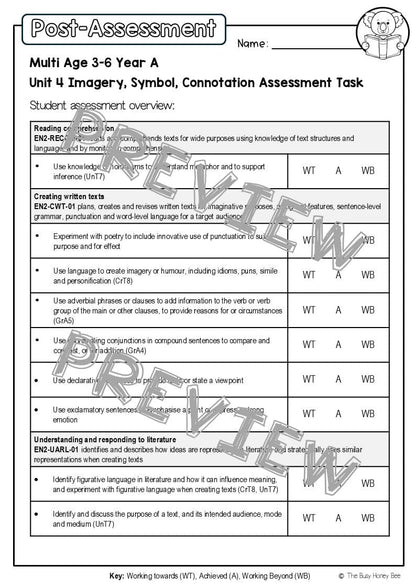Multi Age 3-6 Year A English Pre- and Post-Assessment Unit 4 Imagery, symbol and connotation -