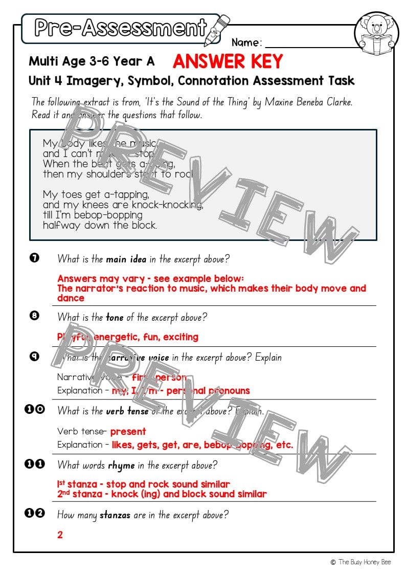 Multi Age 3-6 Year A English Pre- and Post-Assessment Unit 4 Imagery, symbol and connotation -