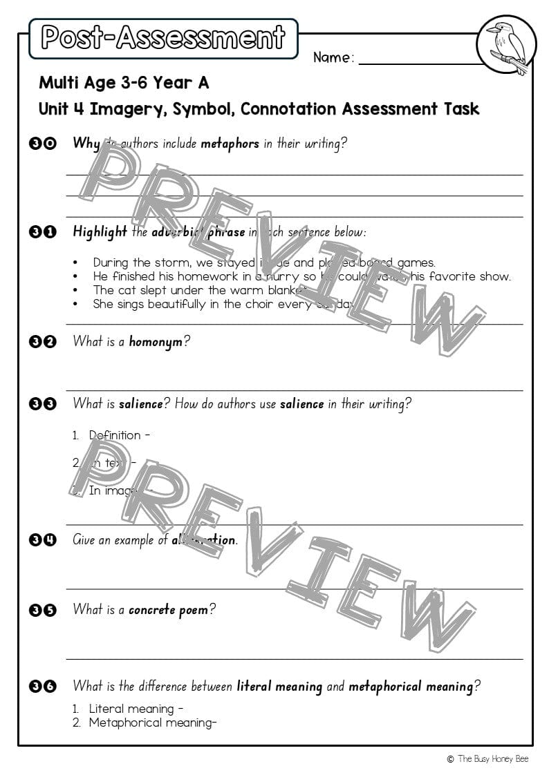 Multi Age 3-6 Year A English Pre- and Post-Assessment Unit 4 Imagery, symbol and connotation -